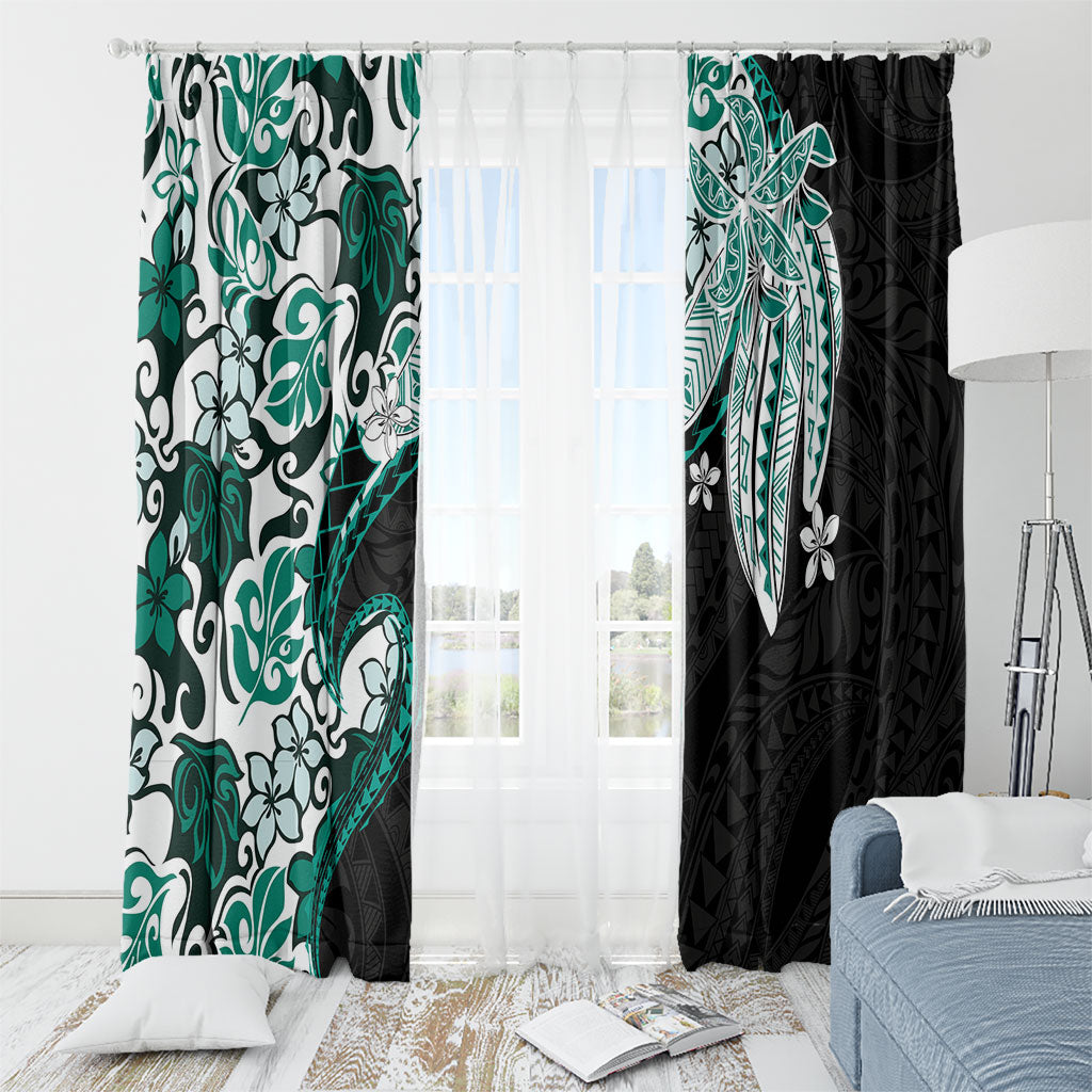 Monstera Plumeria Flowers Teal Window Curtain Polynesian Pattern