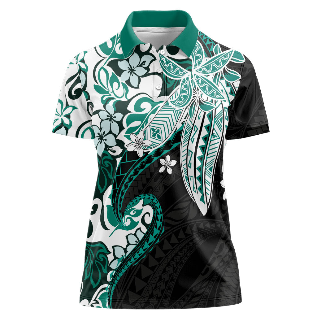 Monstera Plumeria Flowers Teal Women Polo Shirt Polynesian Pattern LT01 Female Teal - Polynesian Pride