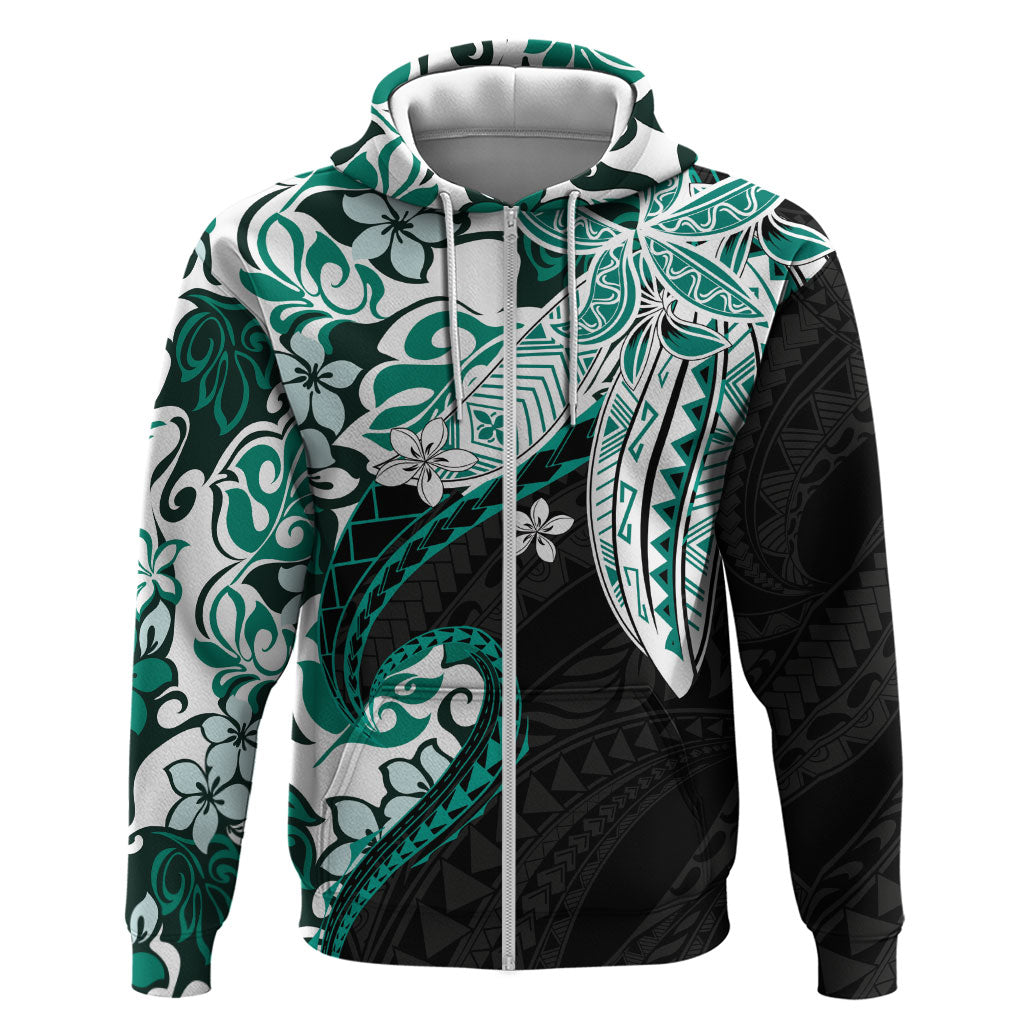 Monstera Plumeria Flowers Teal Zip Hoodie Polynesian Pattern LT01 Zip Hoodie Teal - Polynesian Pride