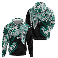 Monstera Plumeria Flowers Teal Zip Hoodie Polynesian Pattern