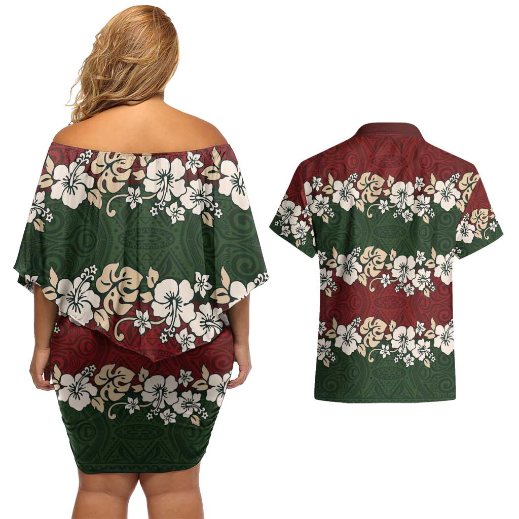 Hawaiian Hibiscus Christmas Color Couples Matching Off Shoulder Short Dress and Hawaiian Shirt Unique