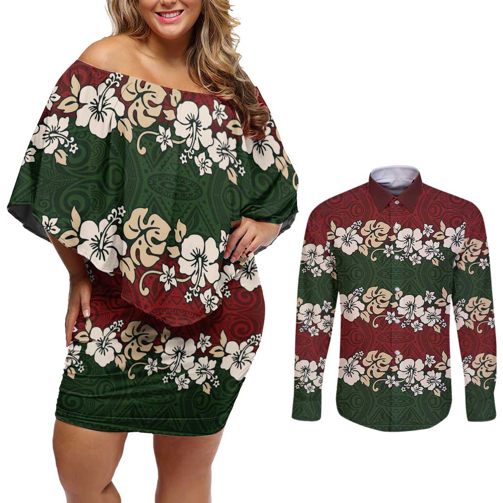 Hawaiian Hibiscus Christmas Color Couples Matching Off Shoulder Short Dress and Long Sleeve Button Shirt Unique