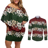 Hawaiian Hibiscus Christmas Color Couples Matching Off Shoulder Short Dress and Long Sleeve Button Shirt Unique
