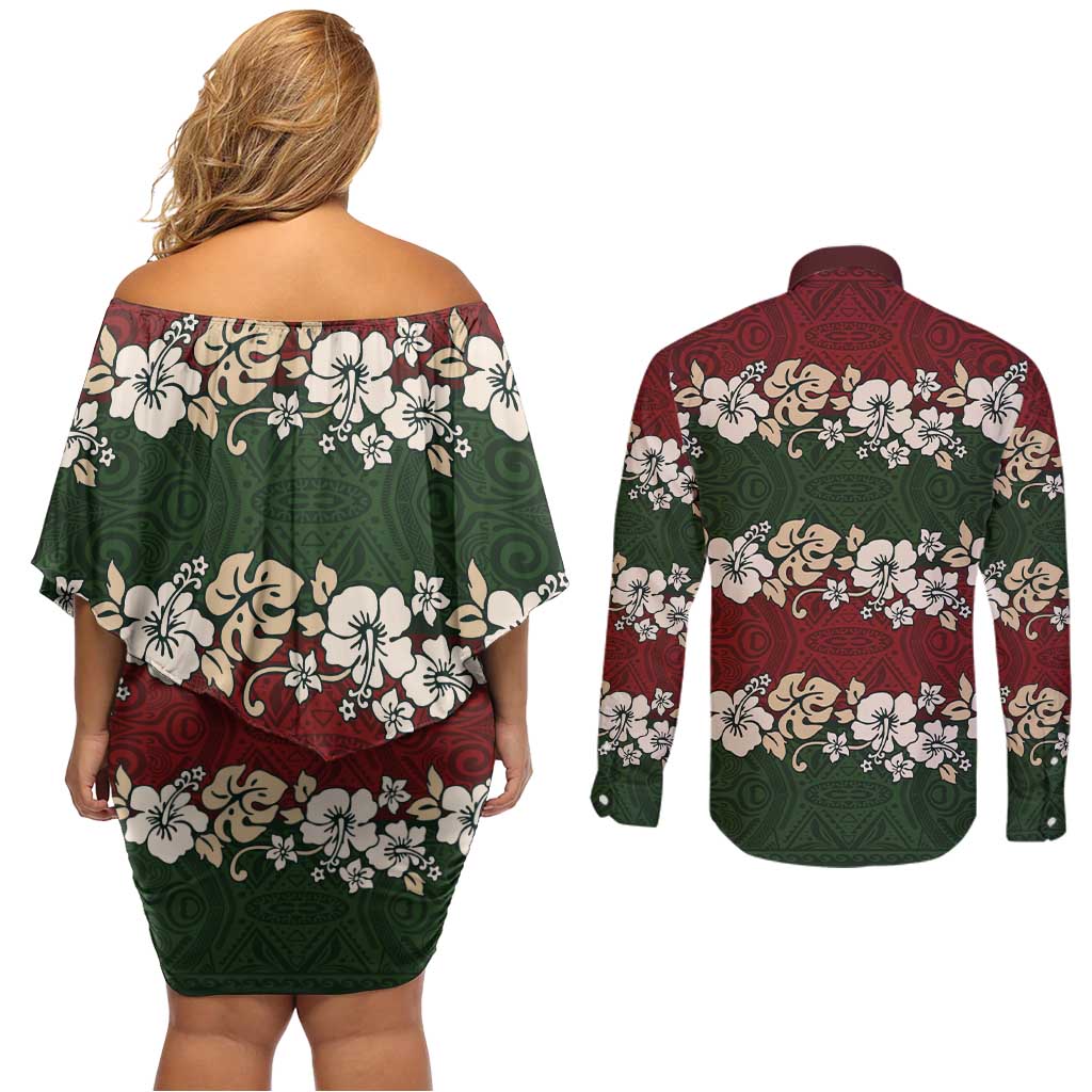 Hawaiian Hibiscus Christmas Color Couples Matching Off Shoulder Short Dress and Long Sleeve Button Shirt Unique