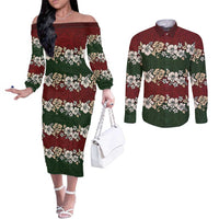 Hawaiian Hibiscus Christmas Color Couples Matching Off The Shoulder Long Sleeve Dress and Long Sleeve Button Shirt Unique LT01 Red - Polynesian Pride