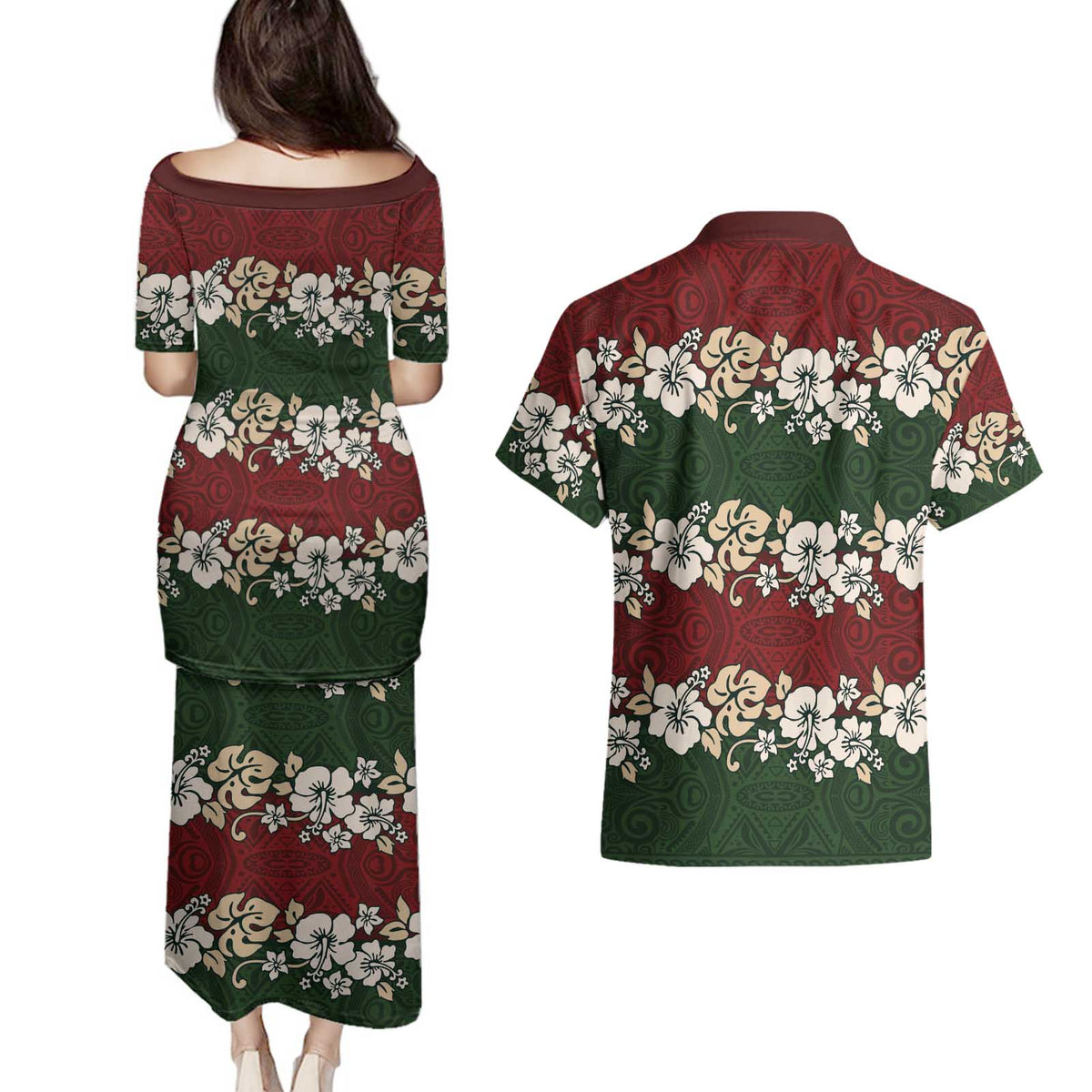 Hawaiian Hibiscus Christmas Color Couples Matching Puletasi and Hawaiian Shirt Unique LT01 - Polynesian Pride