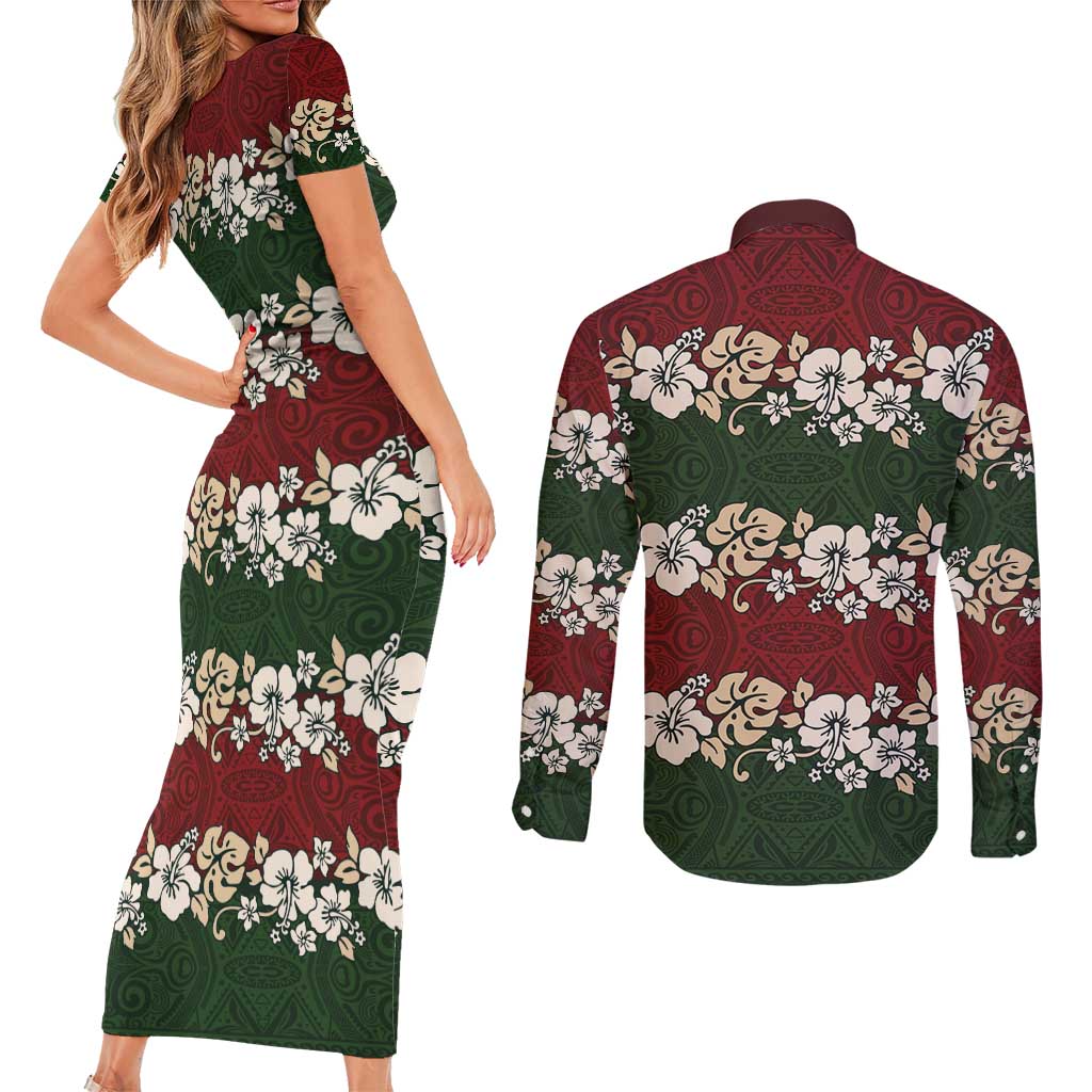 Hawaiian Hibiscus Christmas Color Couples Matching Short Sleeve Bodycon Dress and Long Sleeve Button Shirt Unique LT01 - Polynesian Pride