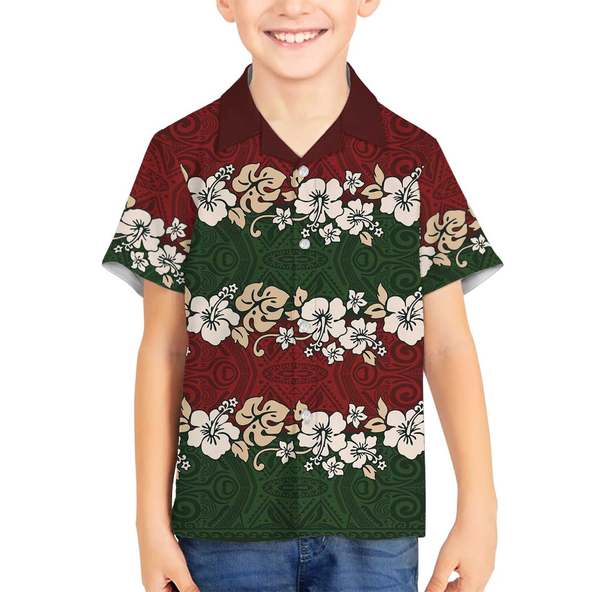 Hawaiian Hibiscus Christmas Color Family Matching Off The Shoulder Long Sleeve Dress and Hawaiian Shirt Unique LT01 Son's Shirt Red - Polynesian Pride