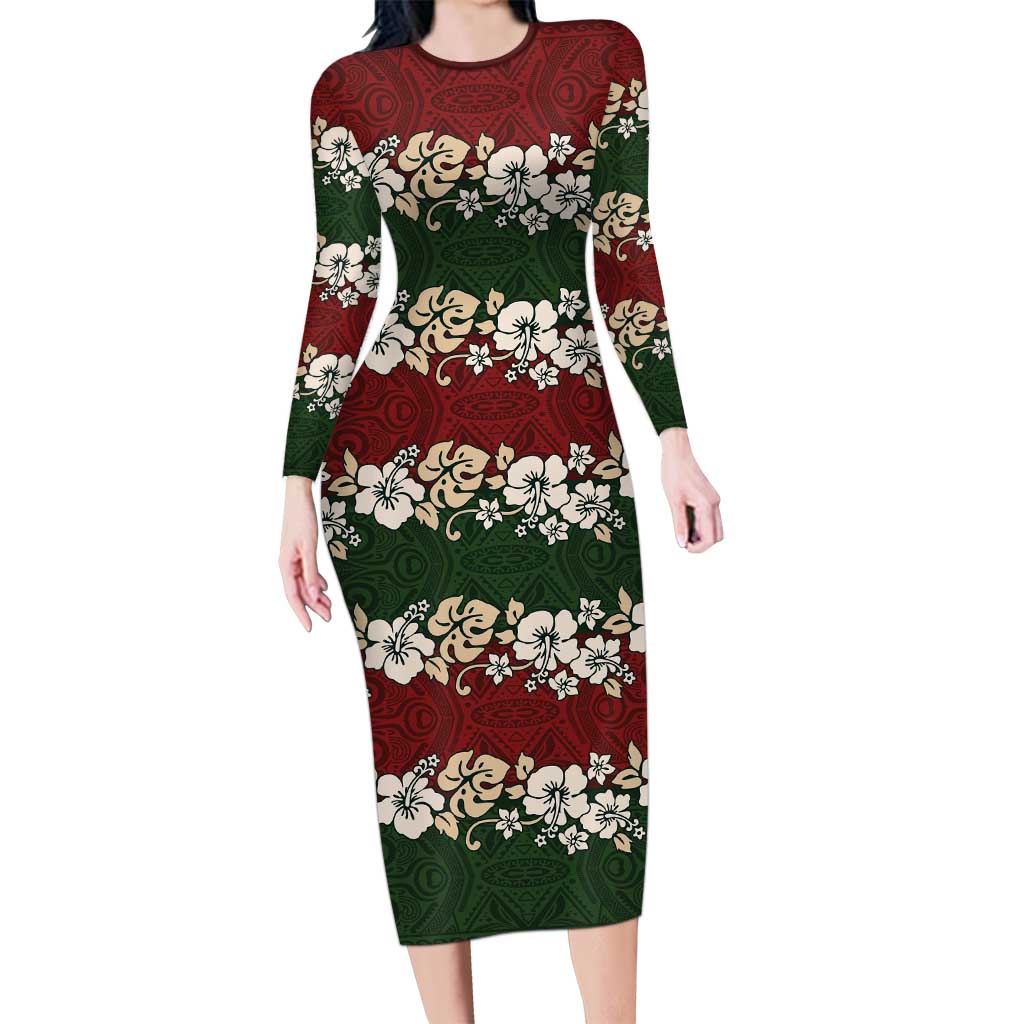 long sleeve bodycon christmas dress Hawaiian Hibiscus Christmas Color Long Sleeve Bodycon Dress Unique LT0