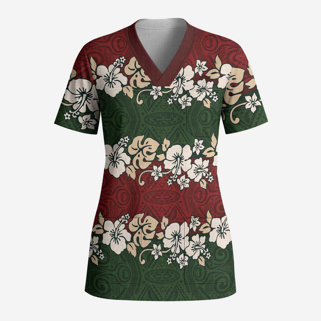 Hawaiian Hibiscus Christmas Color Scrub Top Unique - Polynesian Pride