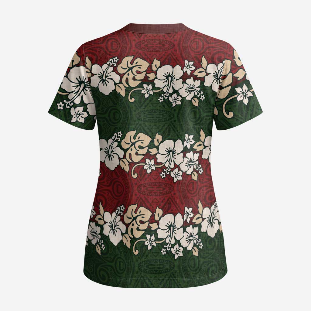 Hawaiian Hibiscus Christmas Color Scrub Top Unique - Polynesian Pride