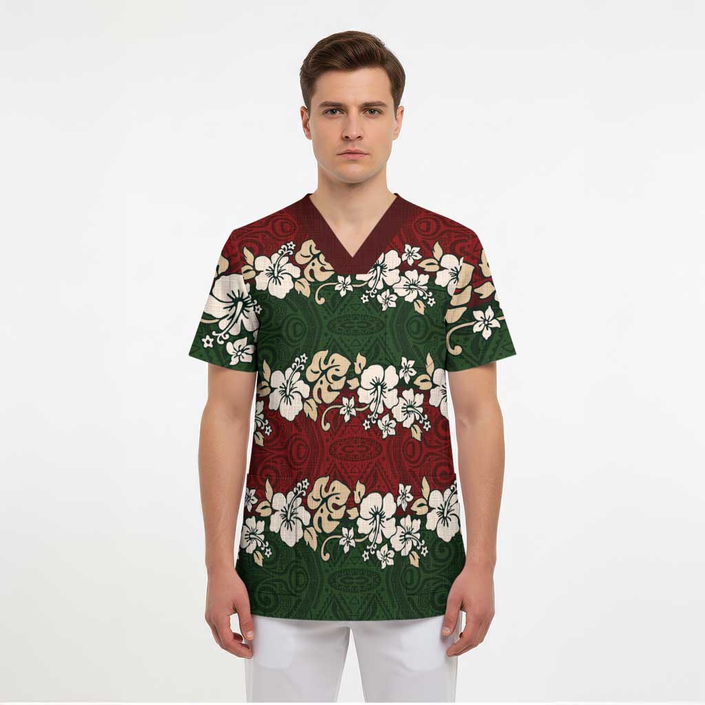 Hawaiian Hibiscus Christmas Color Scrub Top Unique - Polynesian Pride