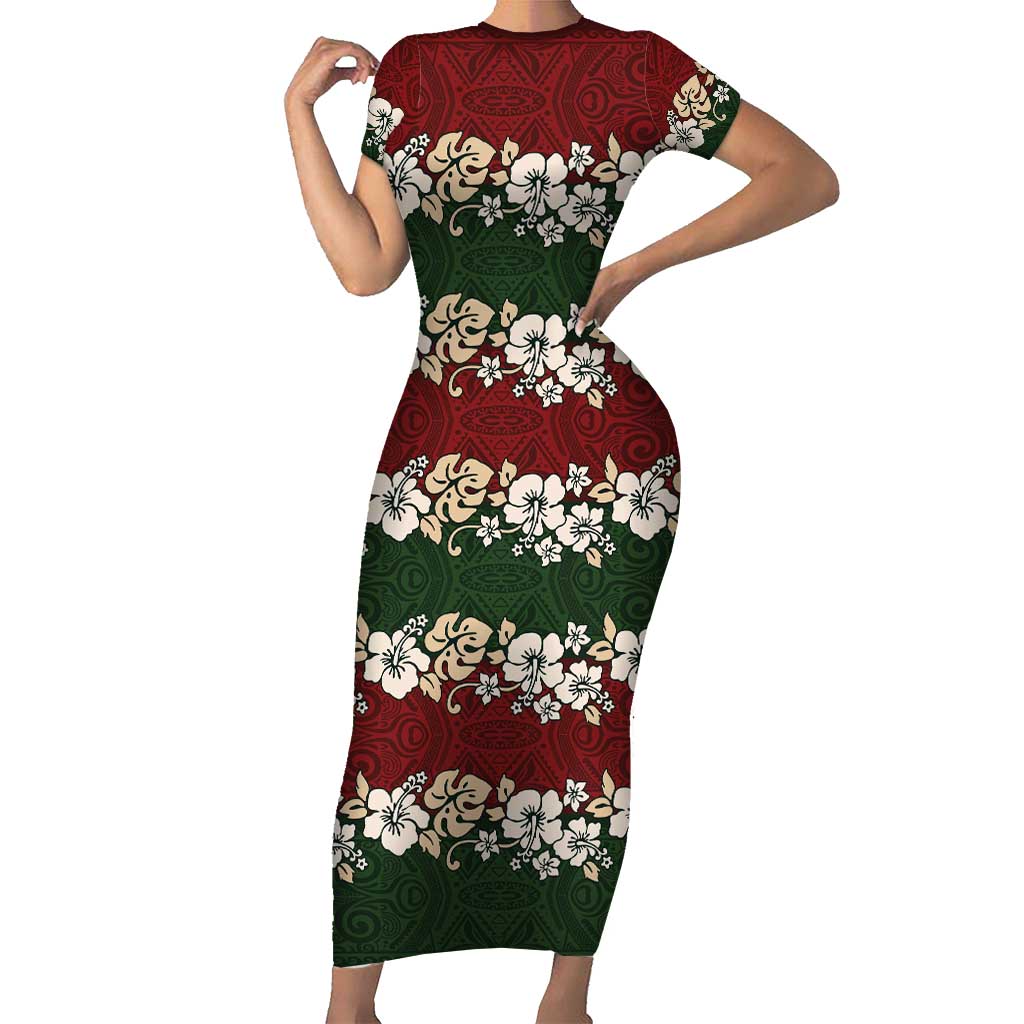 Hawaiian Hibiscus Christmas Color Short Sleeve Bodycon Dress Unique LT01 Long Dress Red - Polynesian Pride