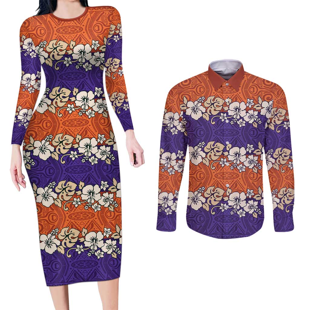 Hawaiian Hibiscus Couples Matching Long Sleeve Bodycon Dress and Long Sleeve Button Shirt Orange and Purple Unique LT01 Orange - Polynesian Pride