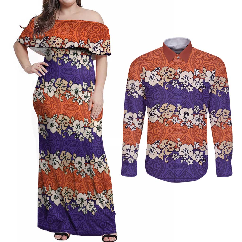 Hawaiian Hibiscus Couples Matching Off Shoulder Maxi Dress and Long Sleeve Button Shirt Orange and Purple Unique LT01 Orange - Polynesian Pride