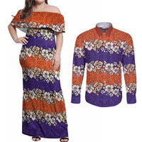 Hawaiian Hibiscus Couples Matching Off Shoulder Maxi Dress and Long Sleeve Button Shirt Orange and Purple Unique LT01 Orange - Polynesian Pride