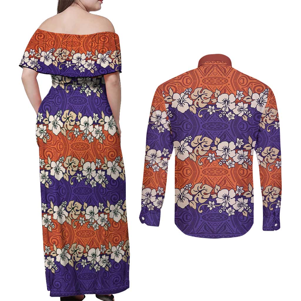 Hawaiian Hibiscus Couples Matching Off Shoulder Maxi Dress and Long Sleeve Button Shirt Orange and Purple Unique LT01 - Polynesian Pride