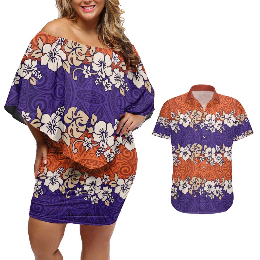 Hawaiian Hibiscus Couples Matching Off Shoulder Short Dress and Hawaiian Shirt Orange and Purple Unique LT01 Orange - Polynesian Pride