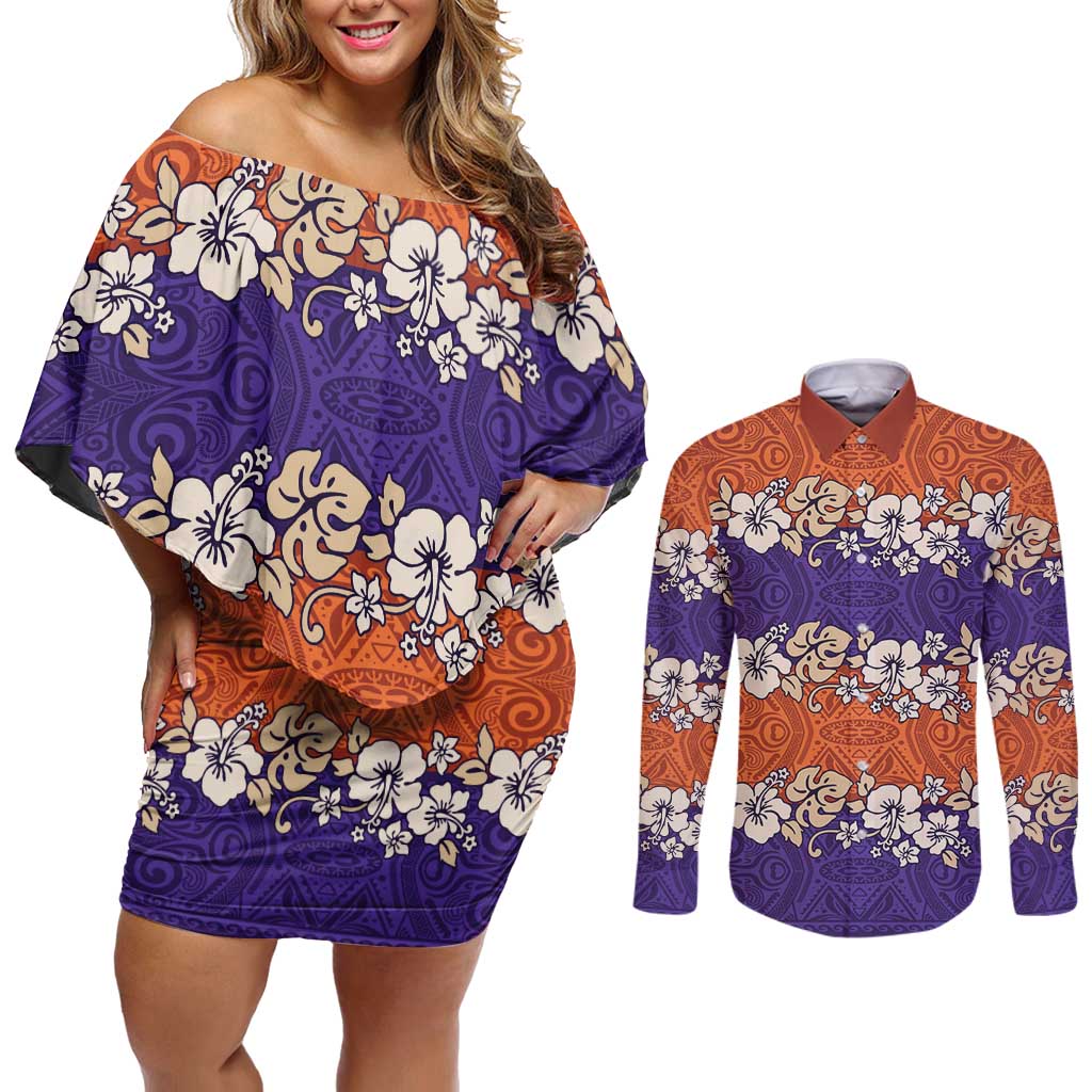 Hawaiian Hibiscus Couples Matching Off Shoulder Short Dress and Long Sleeve Button Shirt Orange and Purple Unique LT01 Orange - Polynesian Pride