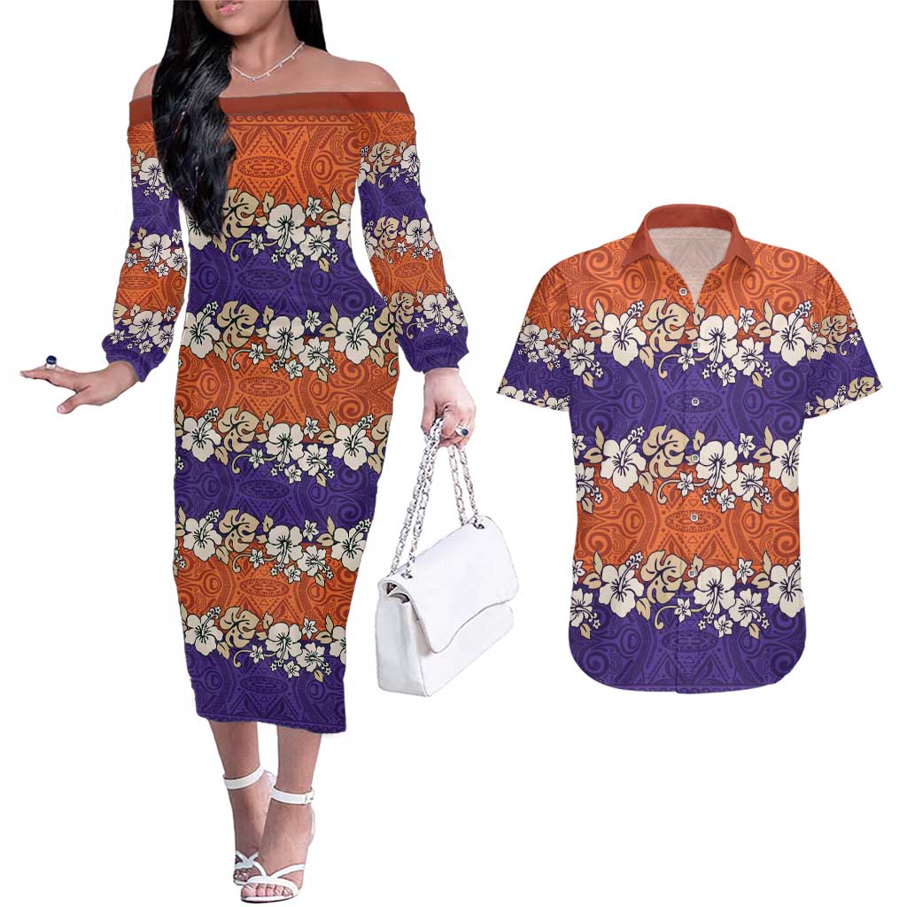 Hawaiian Hibiscus Couples Matching Off The Shoulder Long Sleeve Dress and Hawaiian Shirt Orange and Purple Unique LT01 Orange - Polynesian Pride