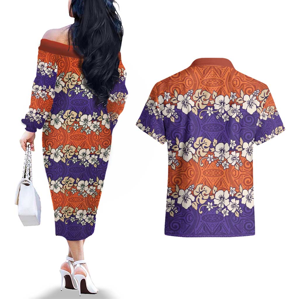 Hawaiian Hibiscus Couples Matching Off The Shoulder Long Sleeve Dress and Hawaiian Shirt Orange and Purple Unique
