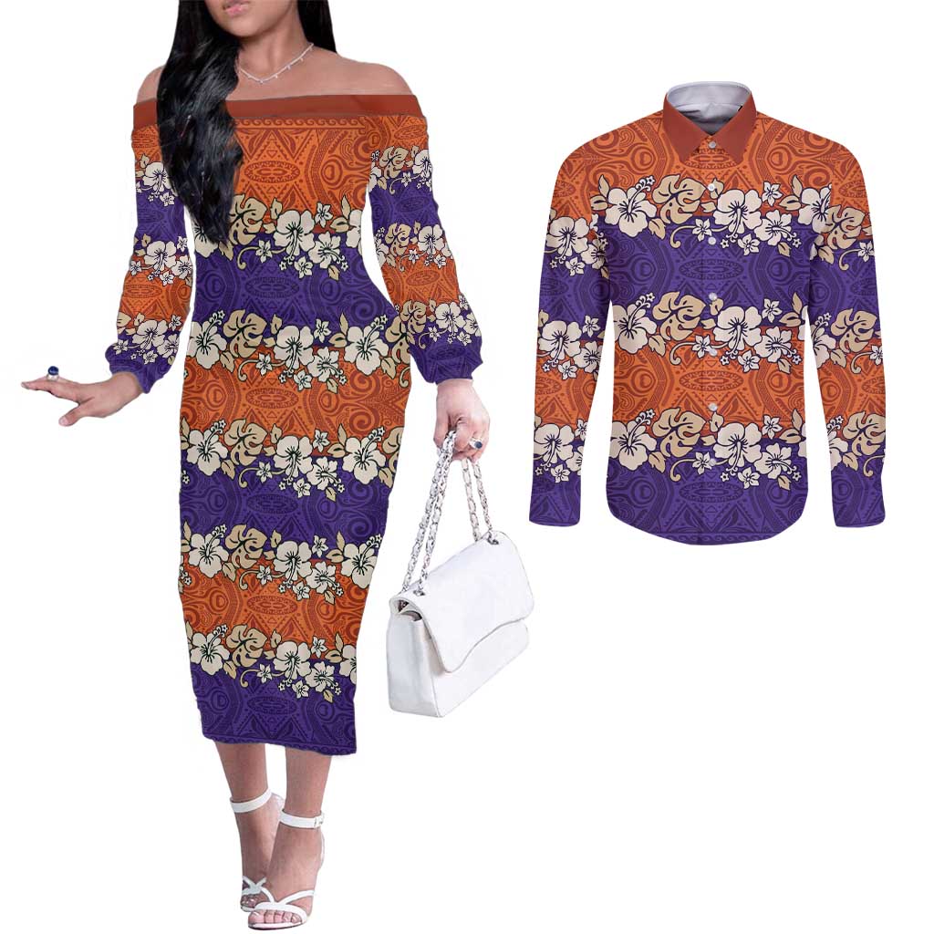 Hawaiian Hibiscus Couples Matching Off The Shoulder Long Sleeve Dress and Long Sleeve Button Shirt Orange and Purple Unique LT01 Orange - Polynesian Pride