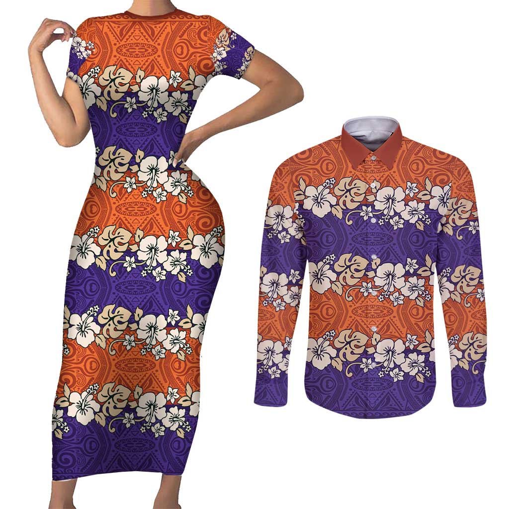 Hawaiian Hibiscus Couples Matching Short Sleeve Bodycon Dress and Long Sleeve Button Shirt Orange and Purple Unique LT01 Orange - Polynesian Pride