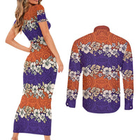 Hawaiian Hibiscus Couples Matching Short Sleeve Bodycon Dress and Long Sleeve Button Shirt Orange and Purple Unique LT01 - Polynesian Pride
