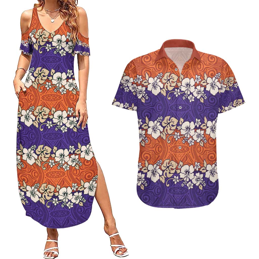Hawaiian Hibiscus Couples Matching Summer Maxi Dress and Hawaiian Shirt Orange and Purple Unique LT01 Orange - Polynesian Pride