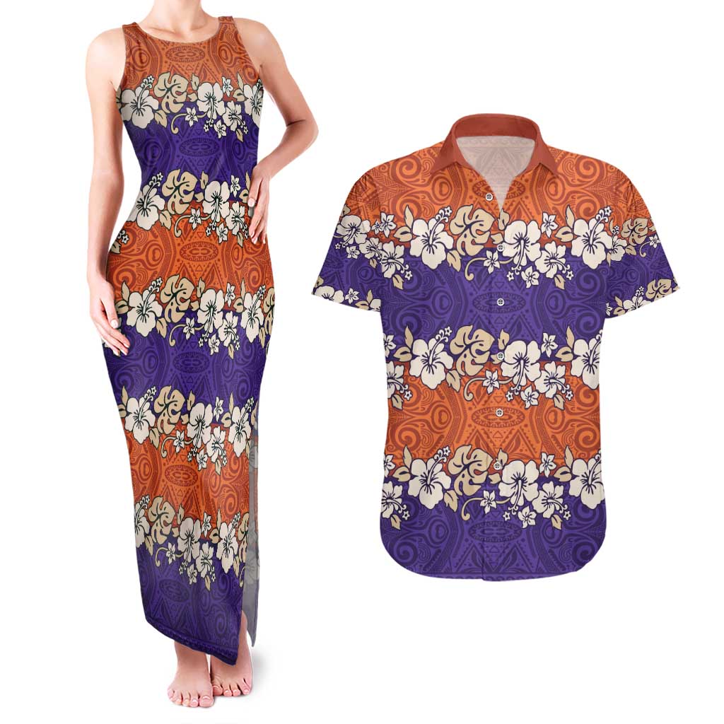 Hawaiian Hibiscus Couples Matching Tank Maxi Dress and Hawaiian Shirt Orange and Purple Unique LT01 Orange - Polynesian Pride