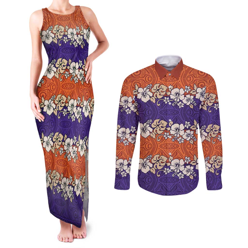 Hawaiian Hibiscus Couples Matching Tank Maxi Dress and Long Sleeve Button Shirt Orange and Purple Unique LT01 Orange - Polynesian Pride