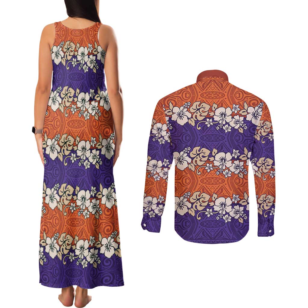 Hawaiian Hibiscus Couples Matching Tank Maxi Dress and Long Sleeve Button Shirt Orange and Purple Unique