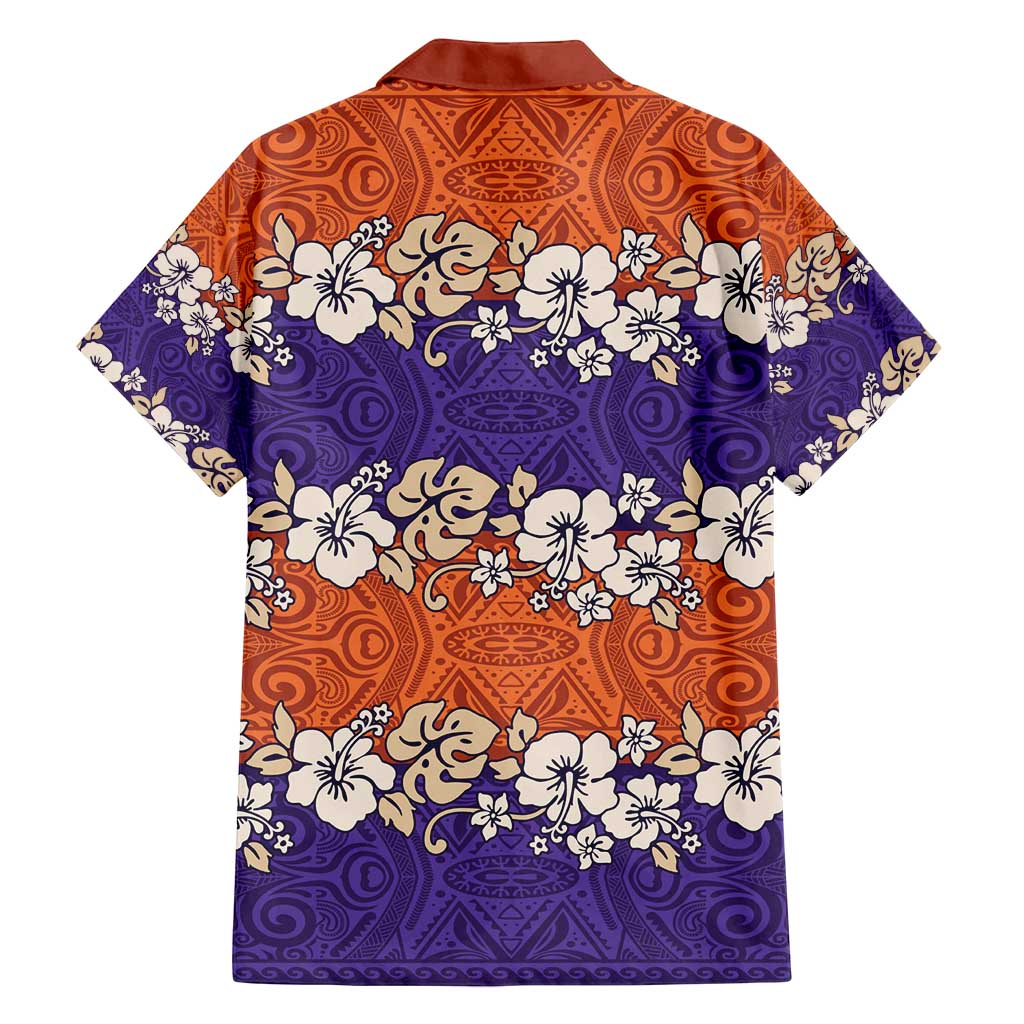 Hawaiian Hibiscus Family Matching Off Shoulder Short Dress and Hawaiian Shirt Orange and Purple Unique