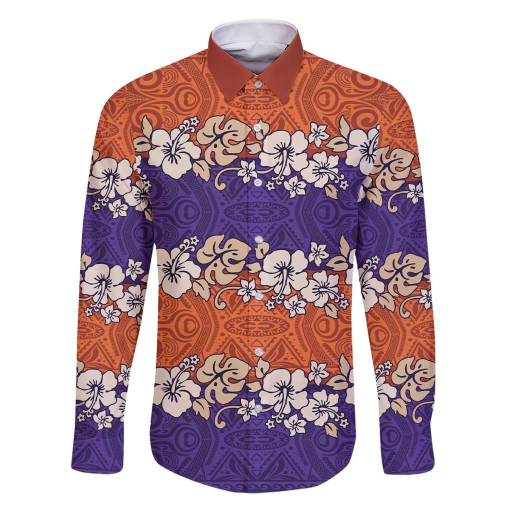 Hawaiian Hibiscus Family Matching Short Sleeve Bodycon Dress and Hawaiian Shirt Orange and Purple Unique LT01 Dad's Shirt - Long Sleeve Orange - Polynesian Pride