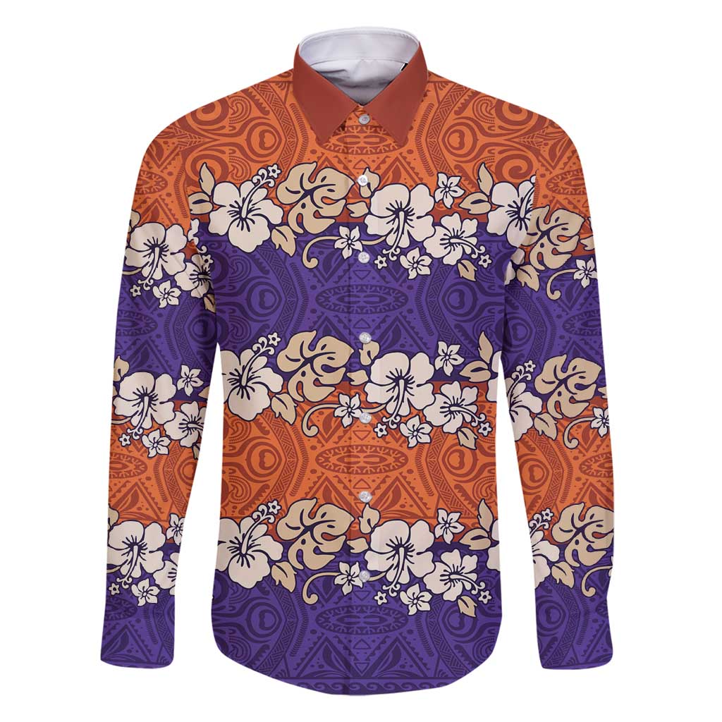 Hawaiian Hibiscus Family Matching Tank Maxi Dress and Hawaiian Shirt Orange and Purple Unique LT01 Dad's Shirt - Long Sleeve Orange - Polynesian Pride