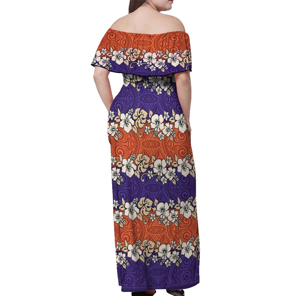 Hawaiian Hibiscus Off Shoulder Maxi Dress Orange and Purple Unique