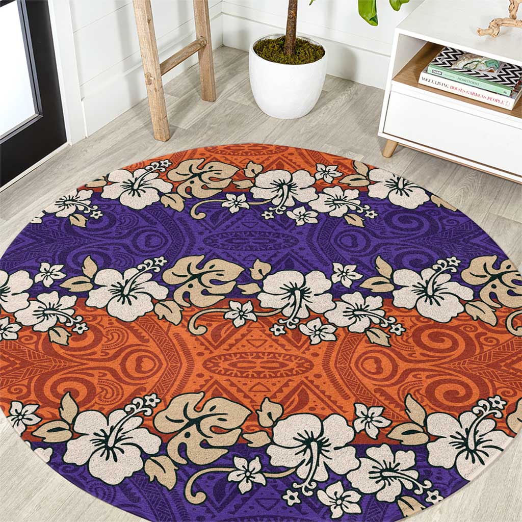 Hawaiian Hibiscus Round Carpet Orange and Purple Unique LT01 Orange - Polynesian Pride