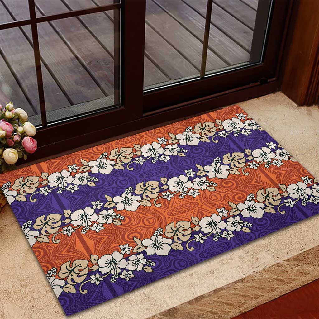 Hawaiian Hibiscus Rubber Doormat Orange and Purple Unique