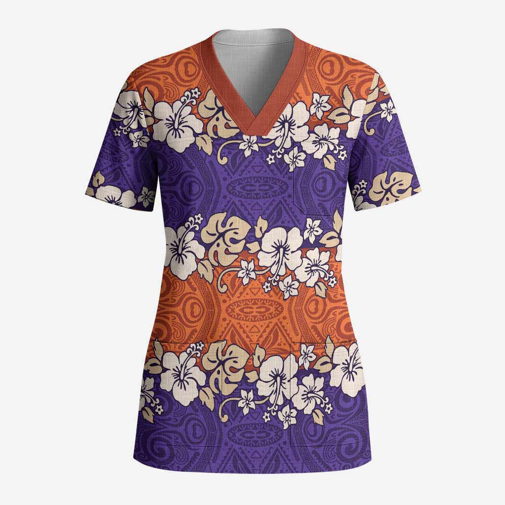 Hawaiian Hibiscus Scrub Top Orange and Purple Unique LT01 Adult Orange - Polynesian Pride