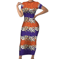 Hawaiian Hibiscus Short Sleeve Bodycon Dress Orange and Purple Unique LT01 Long Dress Orange - Polynesian Pride