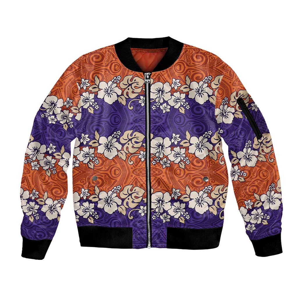 Hawaiian Hibiscus Sleeve Zip Bomber Jacket Orange and Purple Unique LT01 Unisex Orange - Polynesian Pride
