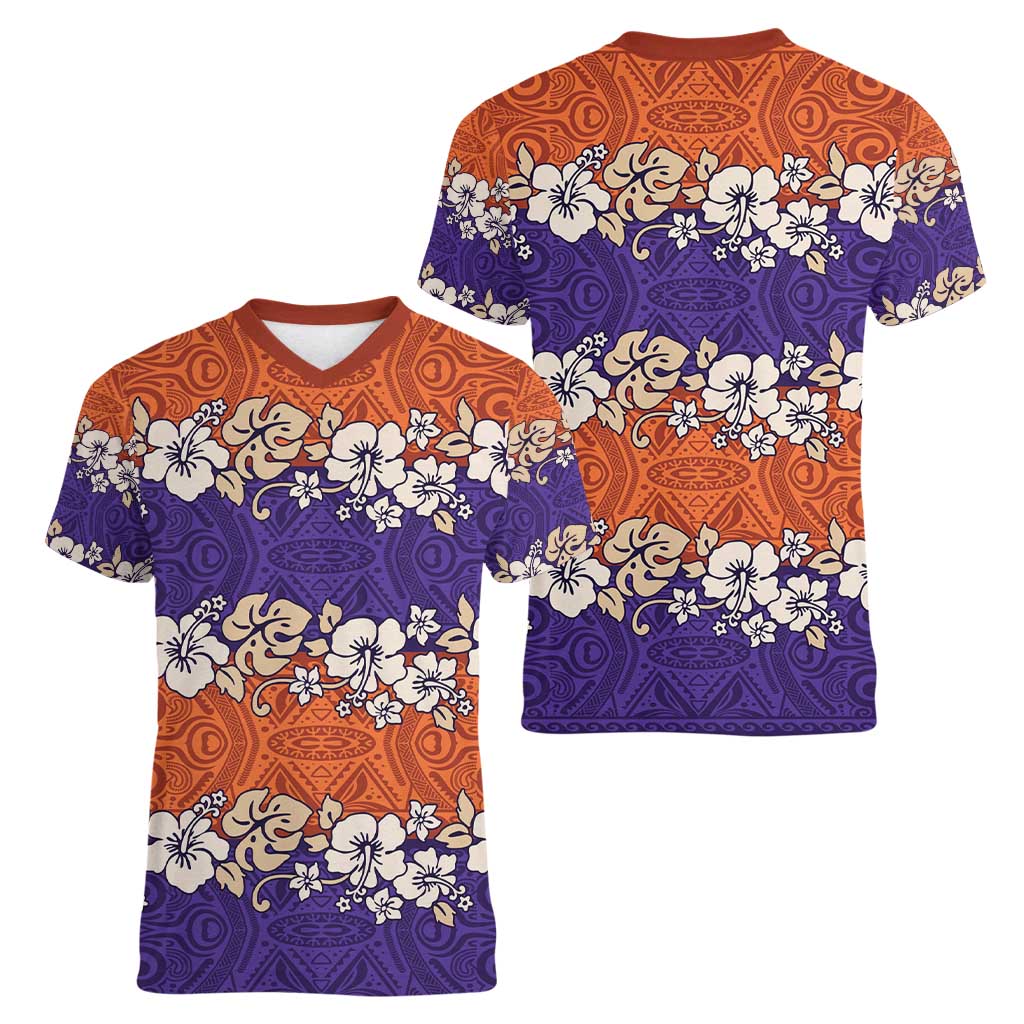 Hawaiian Hibiscus Women V-Neck T-Shirt Orange and Purple Unique LT01 - Polynesian Pride
