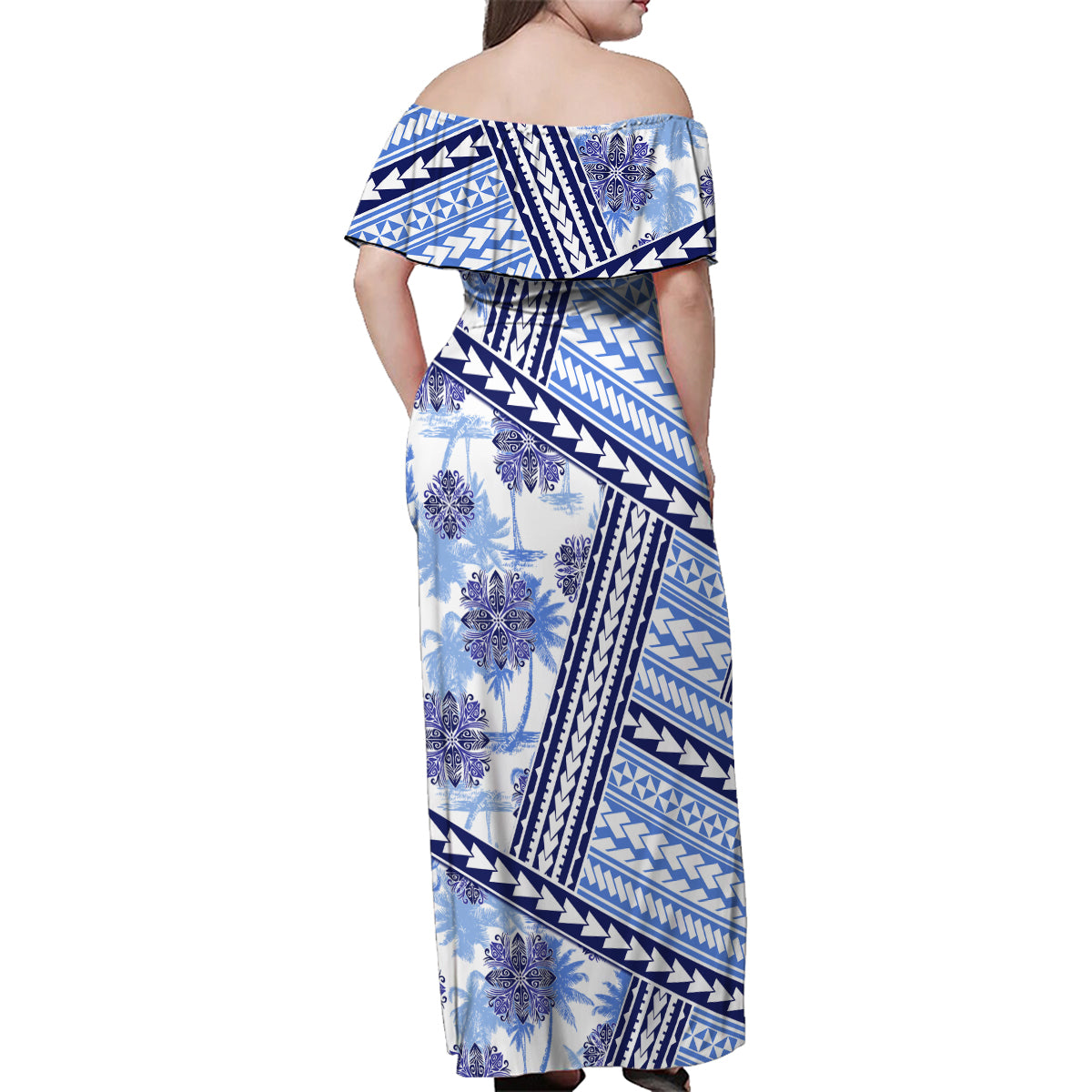 Hawaii Quilt Family Matching Off Shoulder Maxi Dress and Hawaiian Shirt Kakau Polynesian Pattern Blue Version LT01 - Polynesian Pride