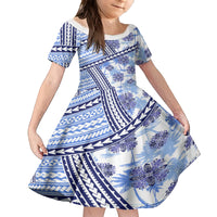 Hawaii Quilt Family Matching Off Shoulder Short Dress and Hawaiian Shirt Kakau Polynesian Pattern Blue Version LT01 Daughter's Dress Blue - Polynesian Pride