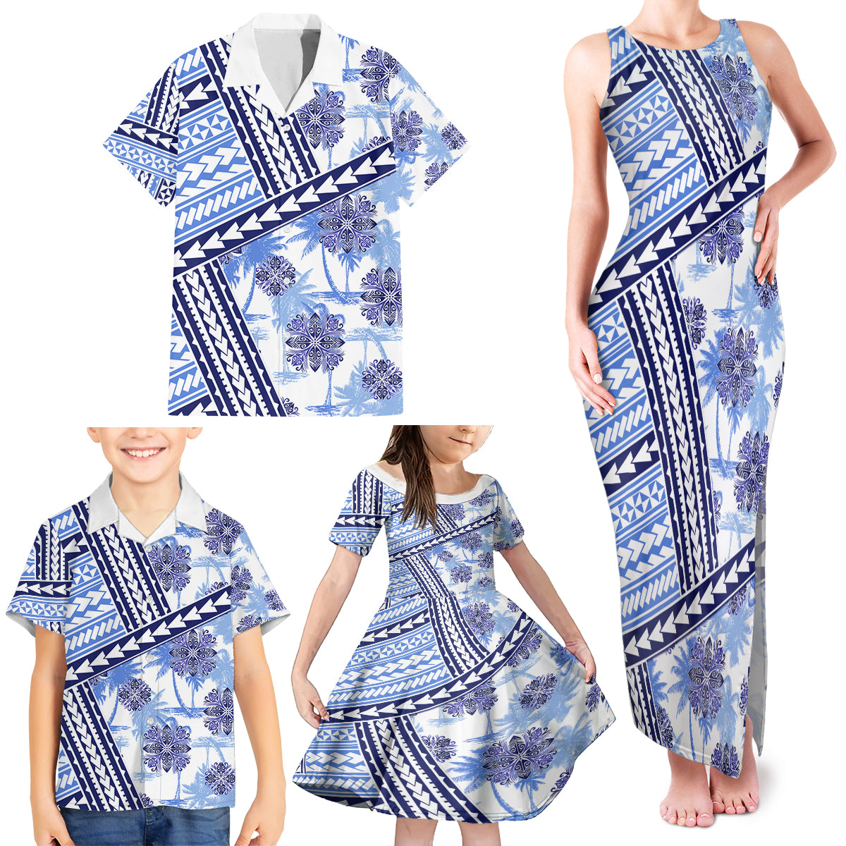 Hawaii Quilt Family Matching Tank Maxi Dress and Hawaiian Shirt Kakau Polynesian Pattern Blue Version LT01 - Polynesian Pride