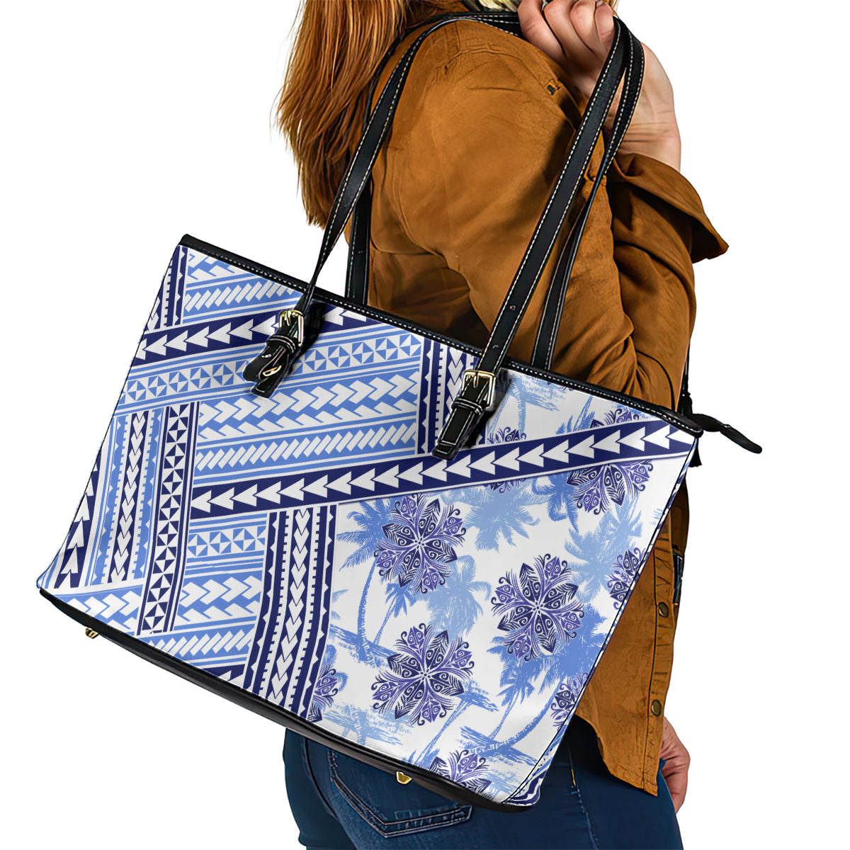 Hawaii Quilt Leather Tote Bag Kakau Polynesian Pattern Blue Version LT01 - Polynesian Pride