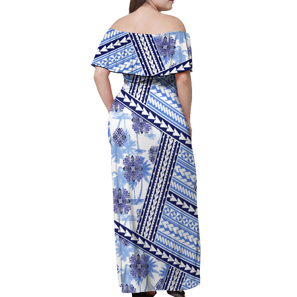 Hawaii Quilt Off Shoulder Maxi Dress Kakau Polynesian Pattern Blue Version LT01 - Polynesian Pride