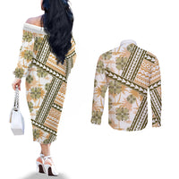 Hawaii Quilt Couples Matching Off The Shoulder Long Sleeve Dress and Long Sleeve Button Shirt Kakau Polynesian Pattern Gold Version LT01 - Polynesian Pride