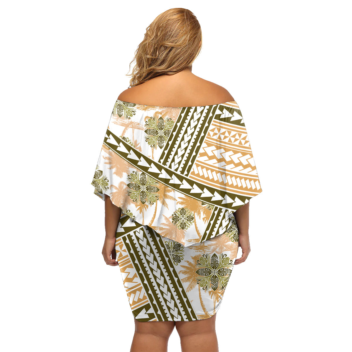 Hawaii Quilt Family Matching Off Shoulder Short Dress and Hawaiian Shirt Kakau Polynesian Pattern Gold Version LT01 - Polynesian Pride