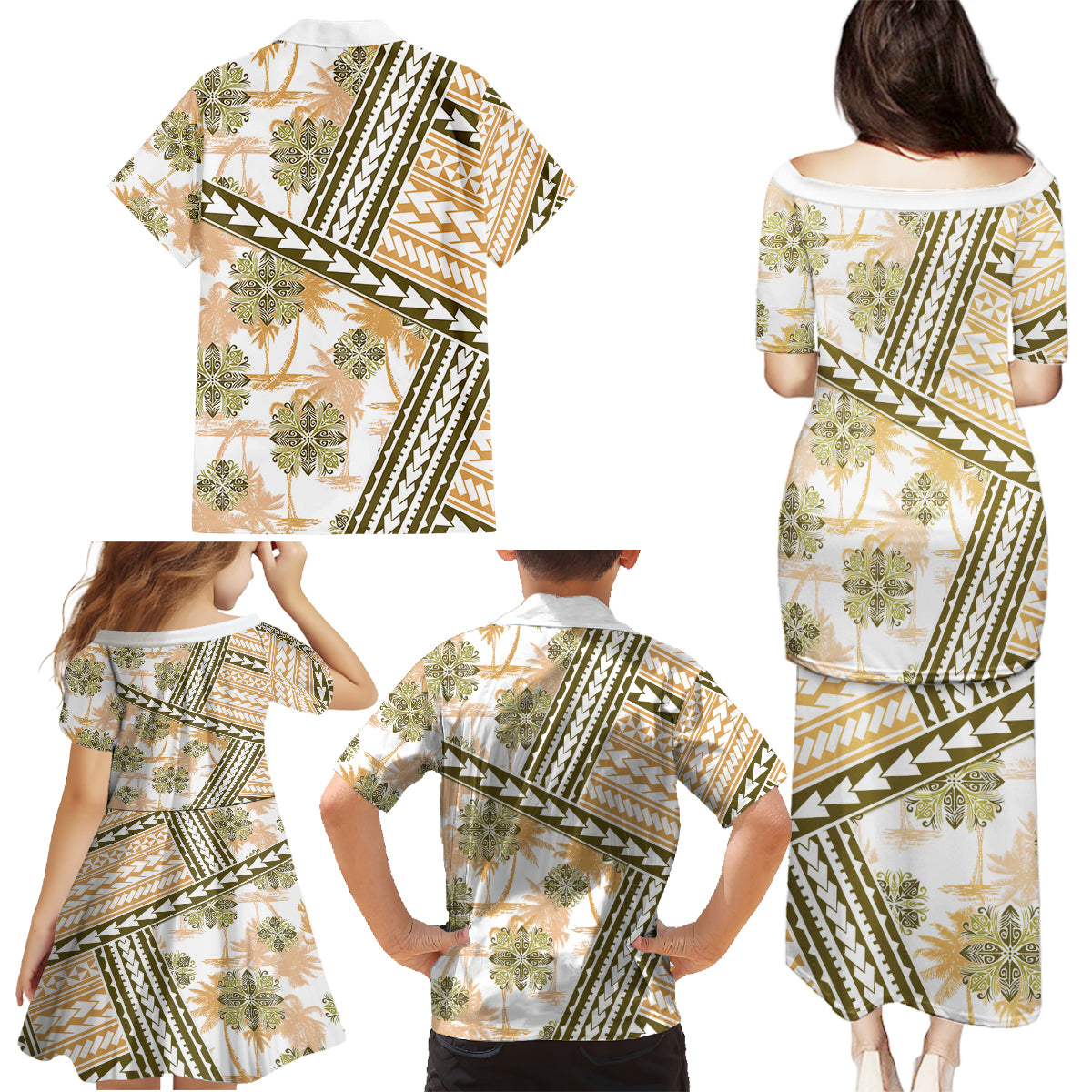 Hawaii Quilt Family Matching Puletasi Dress and Hawaiian Shirt Kakau Polynesian Pattern Gold Version LT01 - Polynesian Pride